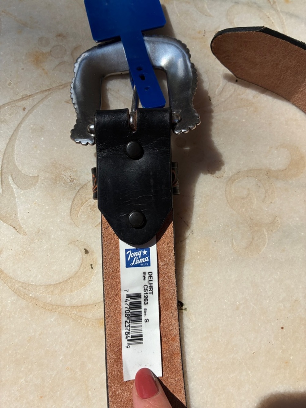 Tony Lama Brown Tooled Leather Western Belt with Decorative Buckle Sz S - Picture 6 of 12